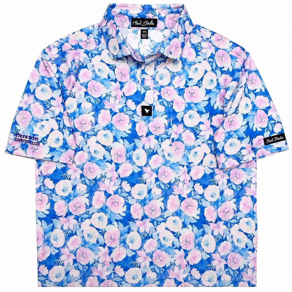 Bad Birdie Country Club Golf Polo Shirt Men's 2XL Blue Pink Floral Stretch